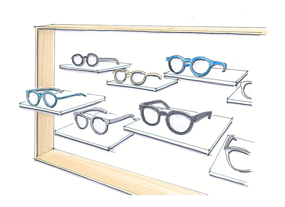 Referenzprojekt Optiker Brillenregal Zeichnung